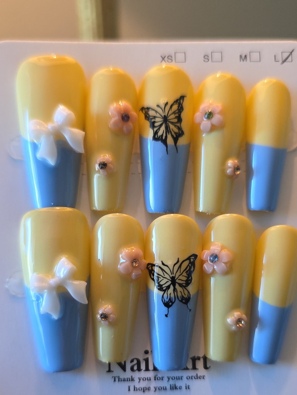 Yellow & Blue  Nail Art Set with Butterfly and Flower Accents Size Large